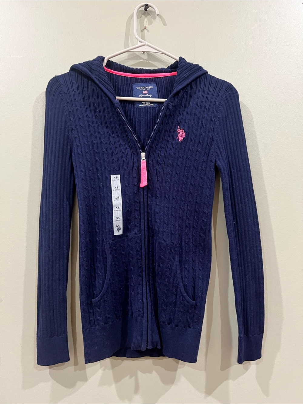 U.S. Polo Assn. Navy Hooded Cable-Knit Zip Cardigan with Pink Logo
